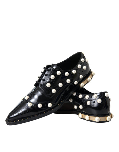 Dolce &amp; Gabbana Black Leather Faux Pearl Dress Broque Shoes