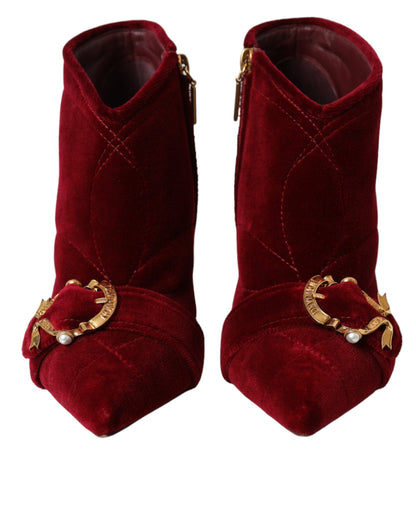 Dolce &amp; Gabbana Dark Red Velvet Devotion Buckle Boots Shoes