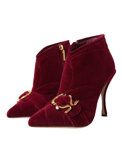 Dolce &amp; Gabbana Dark Red Velvet Devotion Buckle Boots Shoes