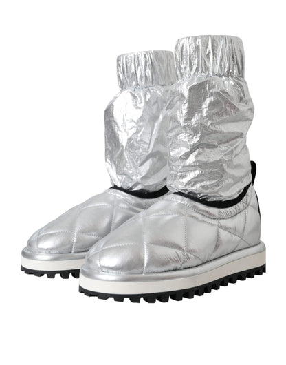 Dolce &amp; Gabbana Metallic Silver Quilted Logo Patch Boot Shoes