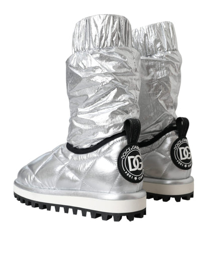 Dolce &amp; Gabbana Metallic Silver Quilted Logo Patch Boot Shoes