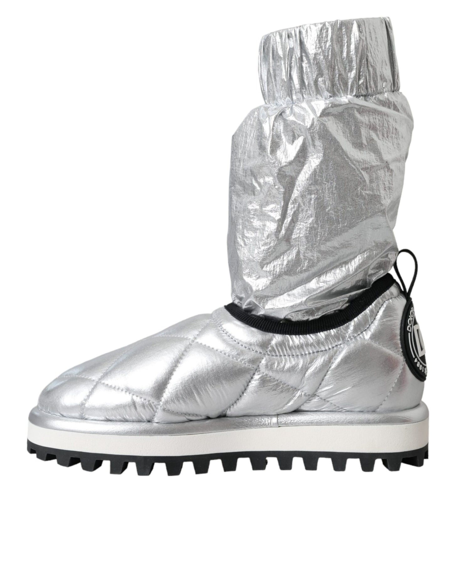 Dolce &amp; Gabbana Metallic Silver Quilted Logo Patch Boot Shoes