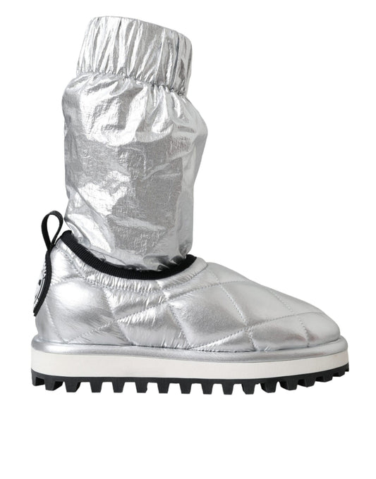 Dolce &amp; Gabbana Metallic Silver Quilted Logo Patch Boot Shoes