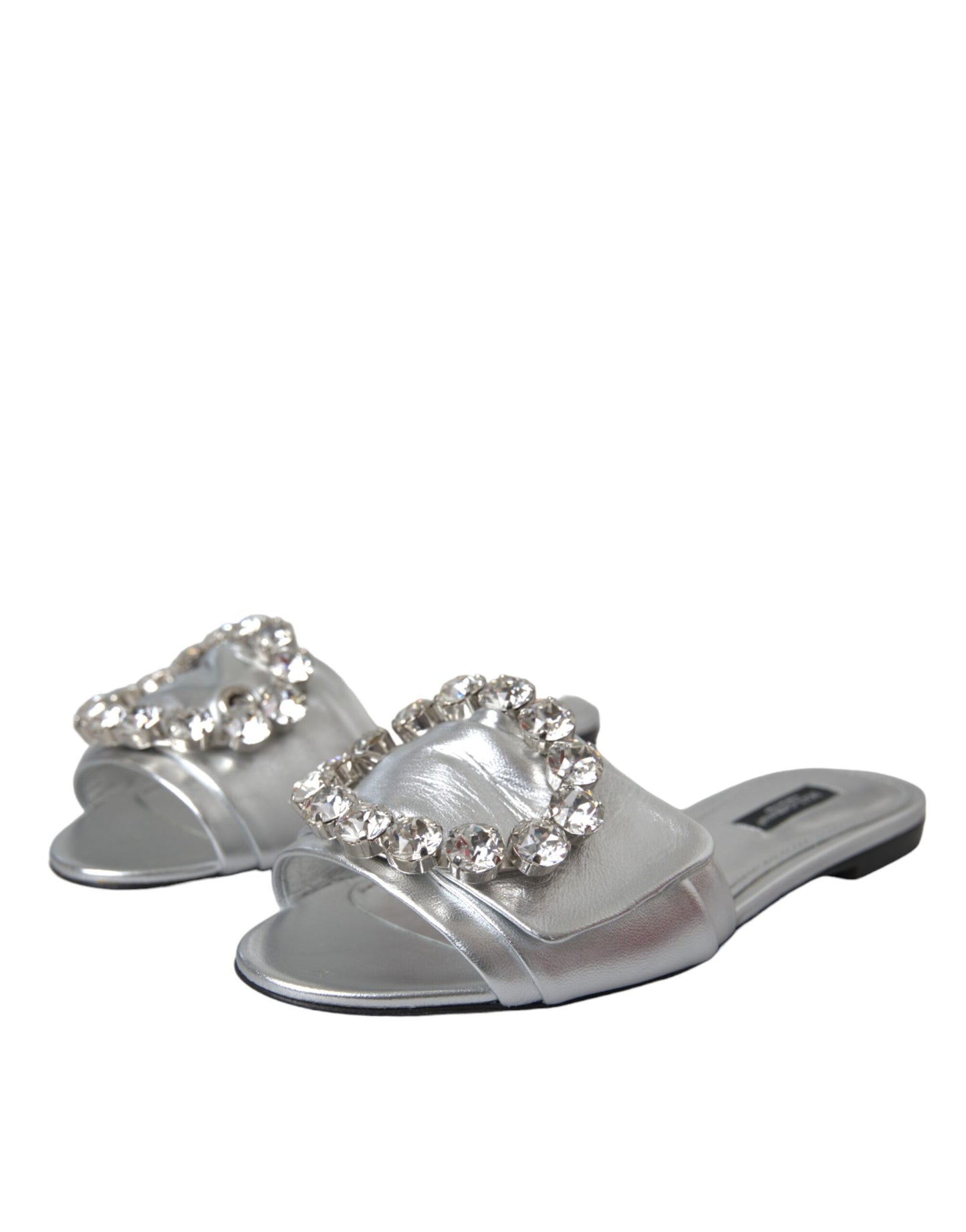 Dolce &amp; Gabbana Silver Crystal Leather Flats Sandals Shoes