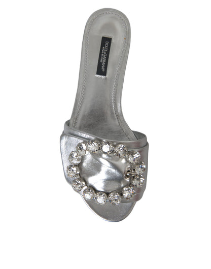 Dolce &amp; Gabbana Silver Crystal Leather Flats Sandals Shoes