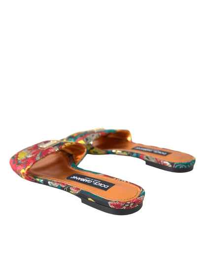 Dolce &amp; Gabbana Multicolor Floral Brocade Logo Flats Sandals Shoes