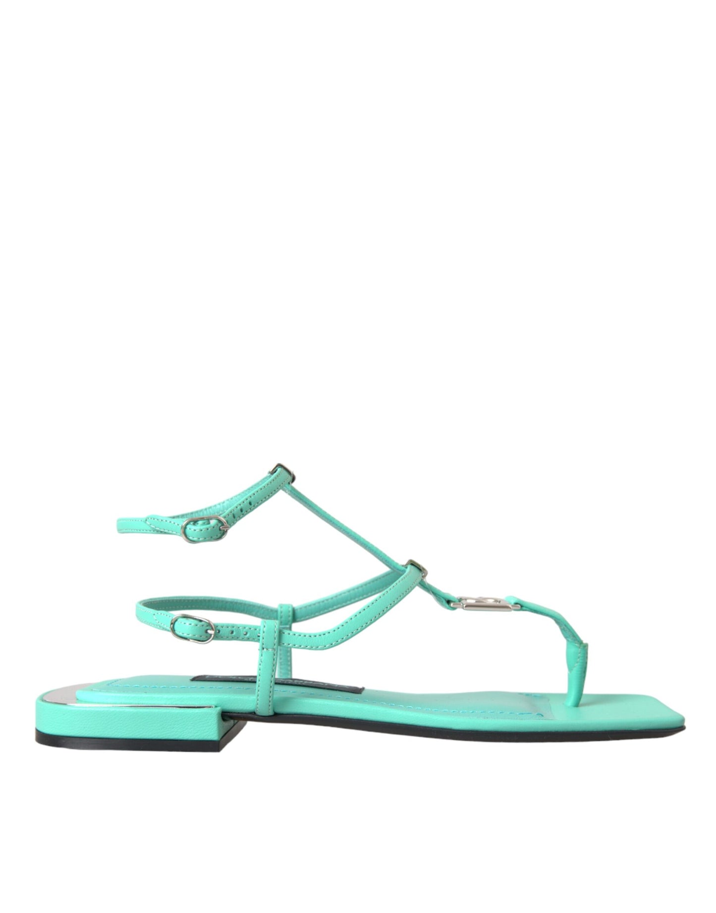 Dolce &amp; Gabbana Aqua Green Leather Ankle Strap Flats Sandals Shoes