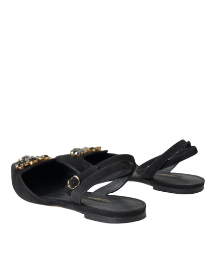 Dolce & Gabbana Black Leather Crystal Slingback Sandals Shoes