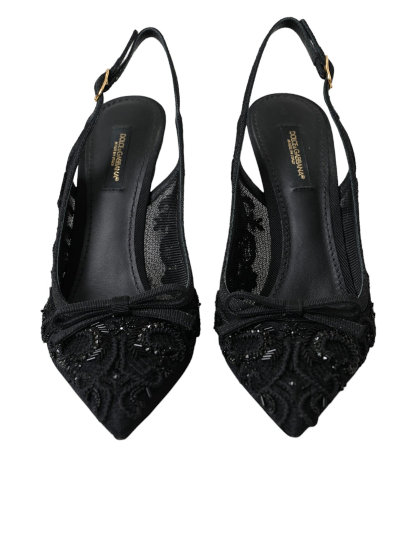 Dolce &amp; Gabbana Black Tulle Ricamo Heels Slingbacks Shoes