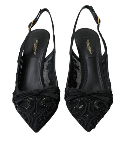 Dolce &amp; Gabbana Black Tulle Ricamo Heels Slingbacks Shoes