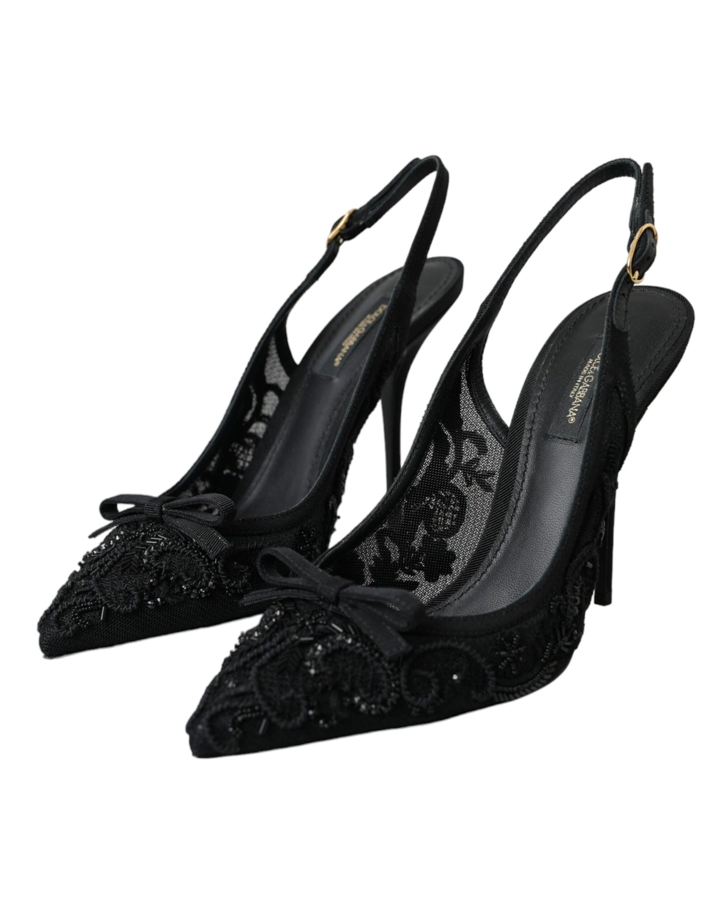 Dolce &amp; Gabbana Black Tulle Ricamo Heels Slingbacks Shoes