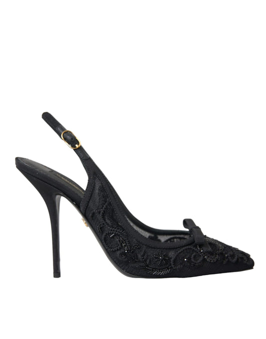 Dolce &amp; Gabbana Black Tulle Ricamo Heels Slingbacks Shoes