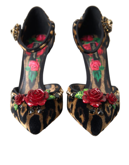 Dolce &amp; Gabbana Brown Leopard Floral Crystal Mary Janes Pumps Shoes