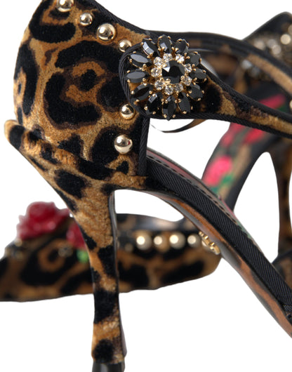 Dolce &amp; Gabbana Brown Leopard Floral Crystal Mary Janes Pumps Shoes