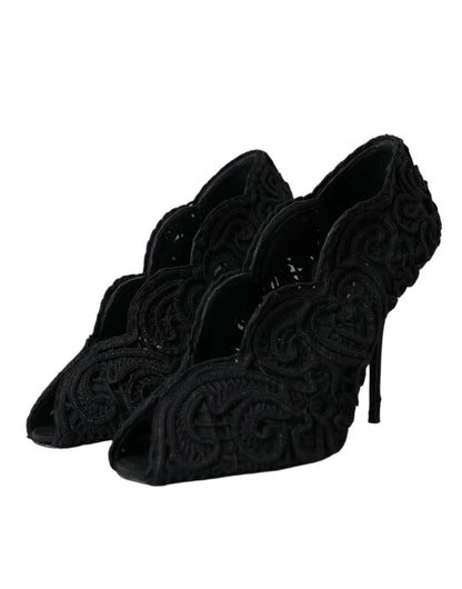 Dolce & Gabbana Black Cordonetto Ricamo Pump Open Toe Shoes