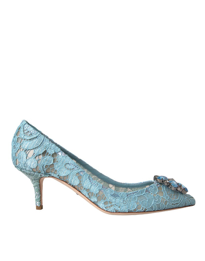 Dolce & Gabbana Blue Taormina Lace Crystal Heel Pumps Shoes