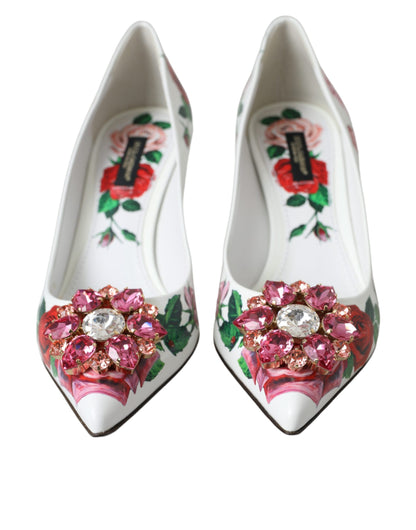 Dolce &amp; Gabbana White Leather Roses Crystal Bellucci Pumps Shoes