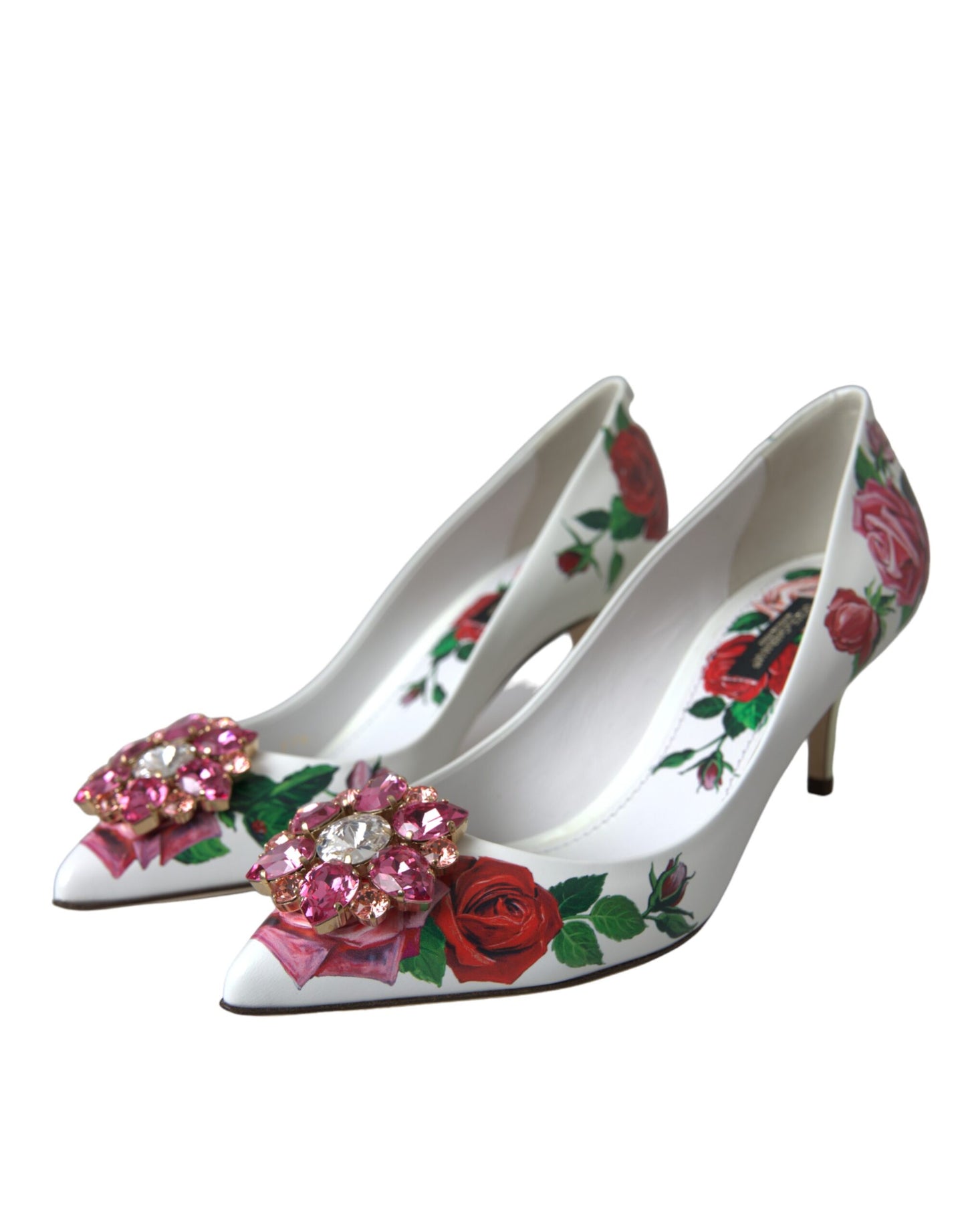 Dolce &amp; Gabbana White Leather Roses Crystal Bellucci Pumps Shoes