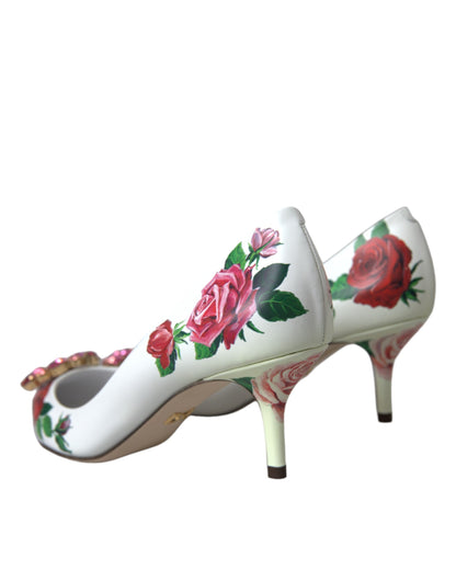 Dolce &amp; Gabbana White Leather Roses Crystal Bellucci Pumps Shoes