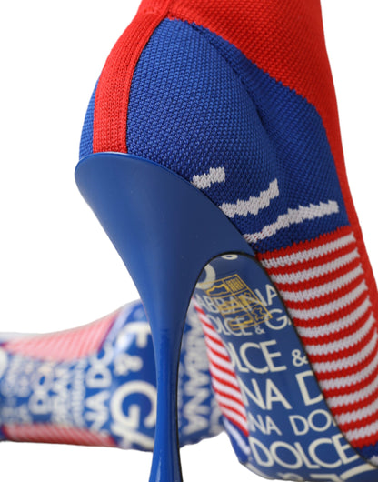 Dolce &amp; Gabbana Red Blue Stretch Sock Style Ankle Boots Logo Shoes