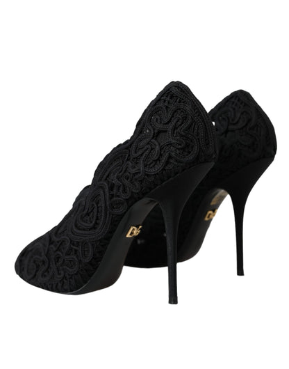 Dolce & Gabbana Black Cordonetto Ricamo Pump Open Toe Shoes