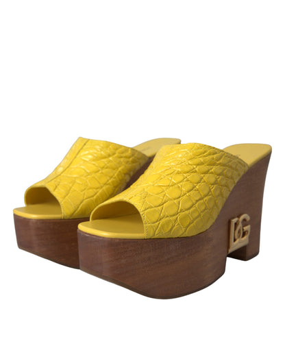 Dolce & Gabbana Yellow Leather Wood Mule Wedge Slides Shoes