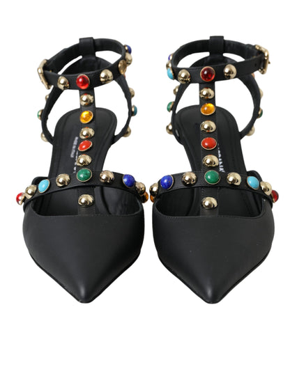 Dolce &amp; Gabbana Black Leather Embellished Heels Sandal Shoes