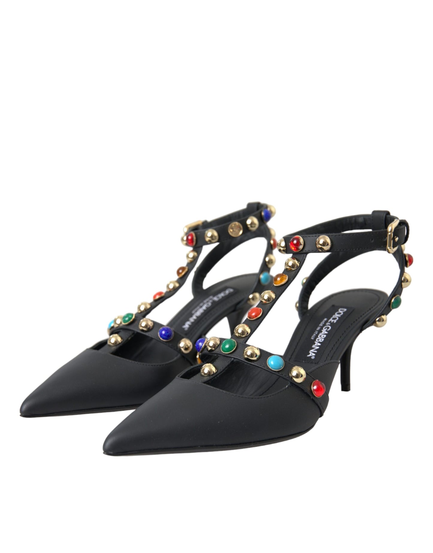 Dolce &amp; Gabbana Black Leather Embellished Heels Sandal Shoes