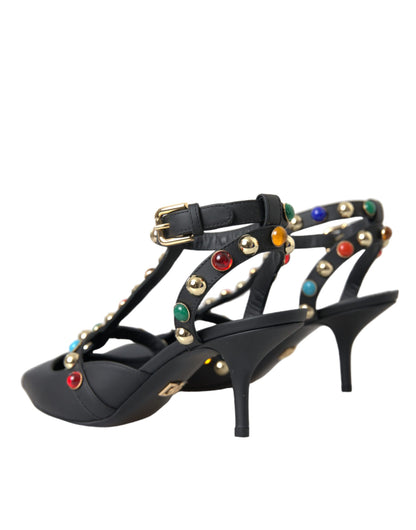 Dolce &amp; Gabbana Black Leather Embellished Heels Sandal Shoes