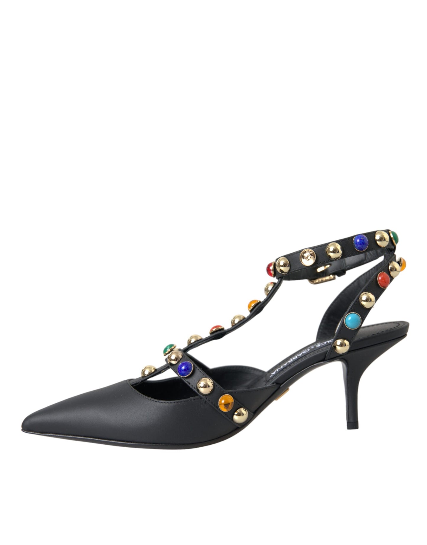 Dolce &amp; Gabbana Black Leather Embellished Heels Sandal Shoes