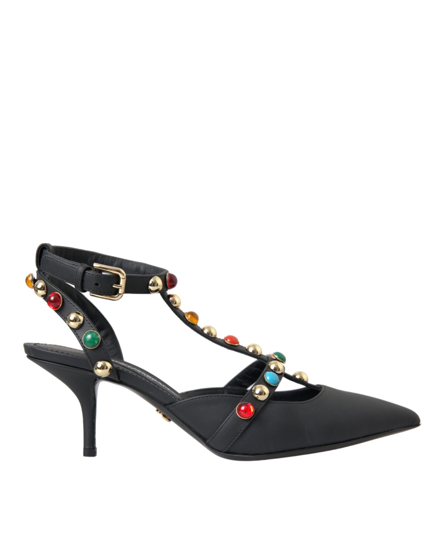 Dolce &amp; Gabbana Black Leather Embellished Heels Sandal Shoes