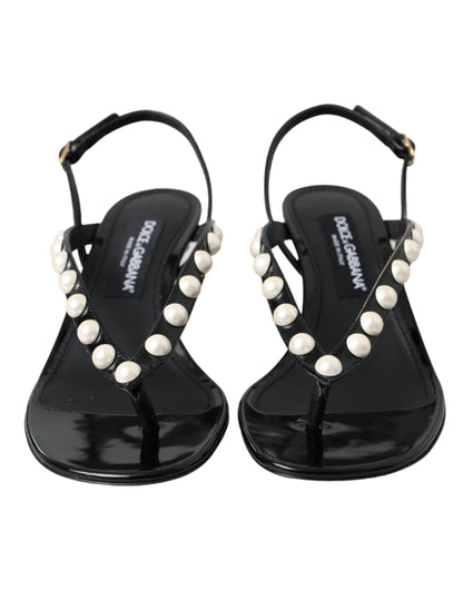 Dolce &amp; Gabbana Black Leather Faux Pearl Heel Sandals Shoes