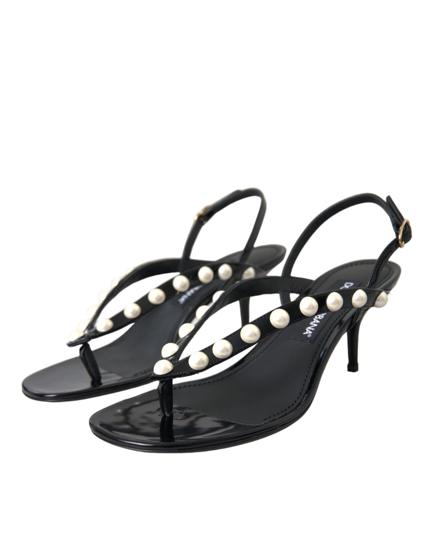 Dolce &amp; Gabbana Black Leather Faux Pearl Heel Sandals Shoes