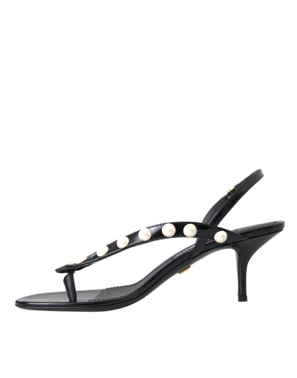 Dolce &amp; Gabbana Black Leather Faux Pearl Heel Sandals Shoes