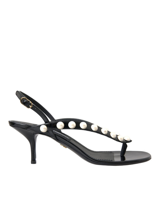 Dolce &amp; Gabbana Black Leather Faux Pearl Heel Sandals Shoes