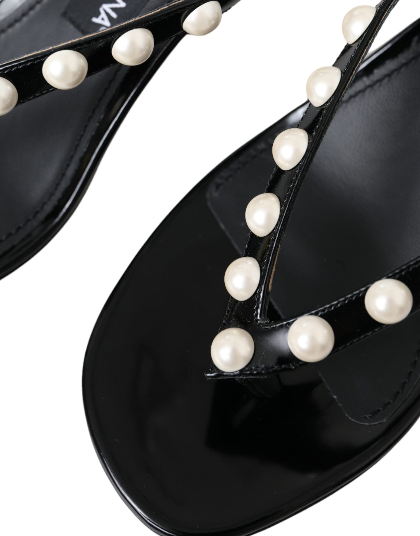 Dolce &amp; Gabbana Black Leather Faux Pearl Heel Sandals Shoes