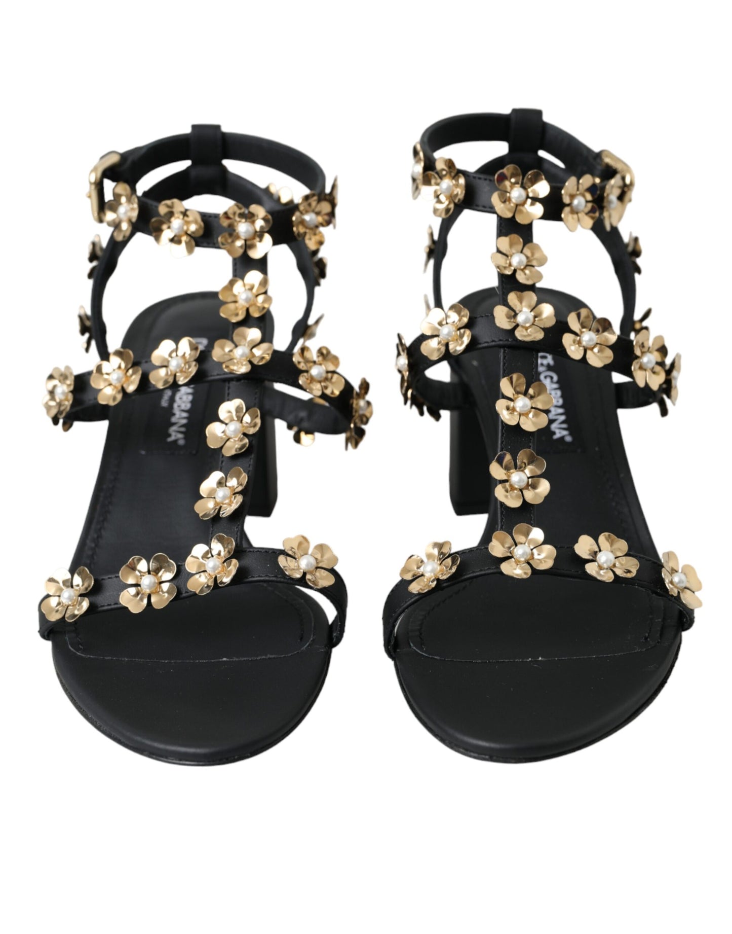 Dolce &amp; Gabbana Black Leather Embellished Heel Sandal Shoes