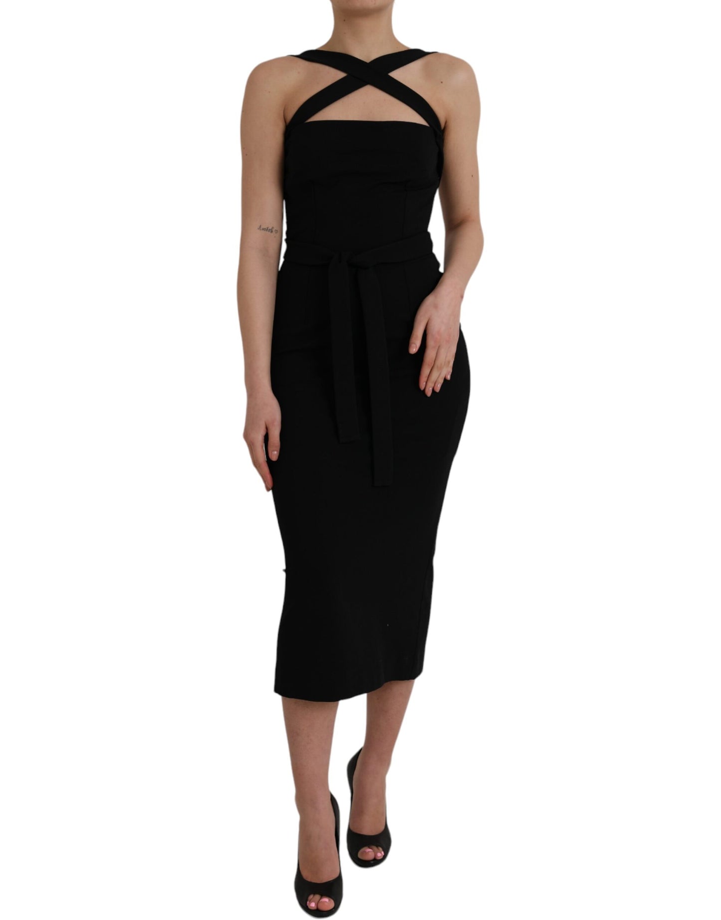 Dolce &amp; Gabbana Black Sheath Halter Sleeveless Midi Dress