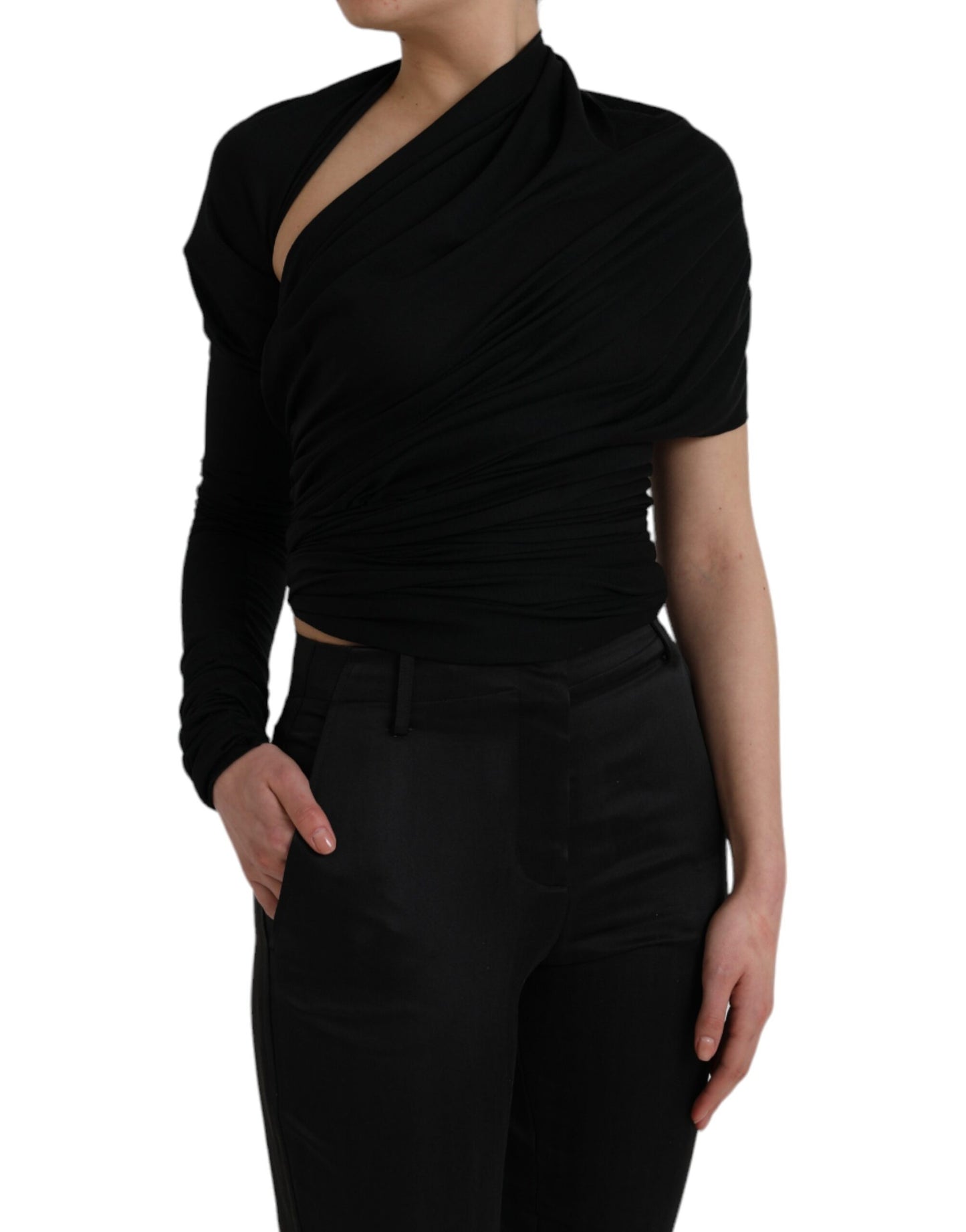 Dolce &amp; Gabbana Black Wool Cutout Asymmetric Long Sleeve Top