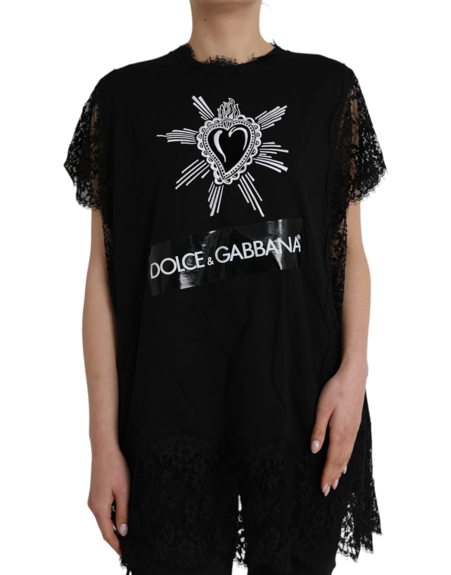 Dolce & Gabbana Black Sacred Heart Print Cotton Lace T-shirt