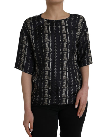 Dolce &amp; Gabbana Black Key Castle Print Silk Blouse T-shirt