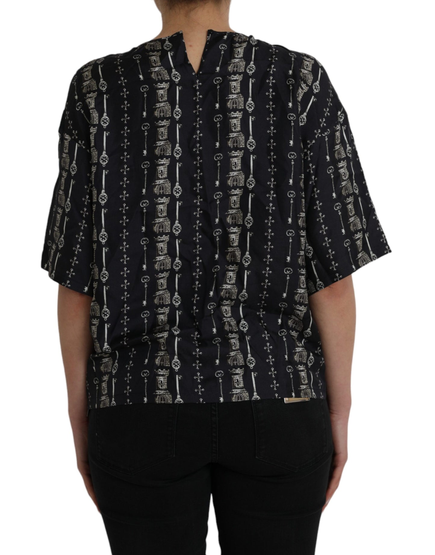 Dolce &amp; Gabbana Black Key Castle Print Silk Blouse T-shirt