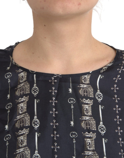 Dolce &amp; Gabbana Black Key Castle Print Silk Blouse T-shirt