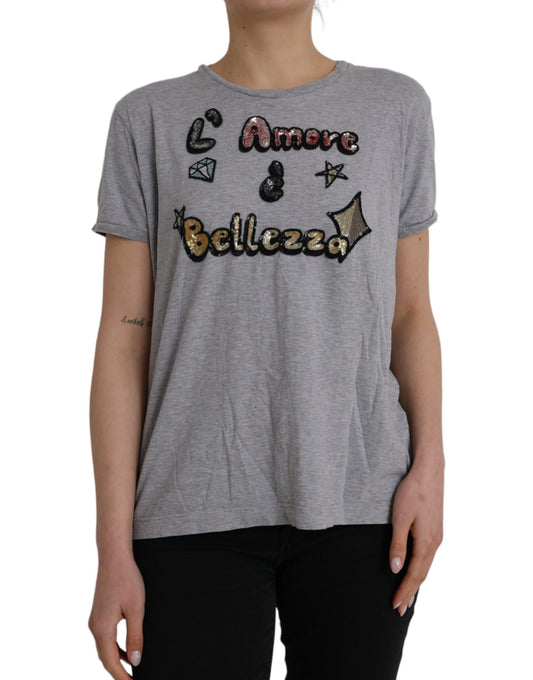 Dolce &amp; Gabbana Gray Cotton L'Amore E'Bellezza Top T-shirt