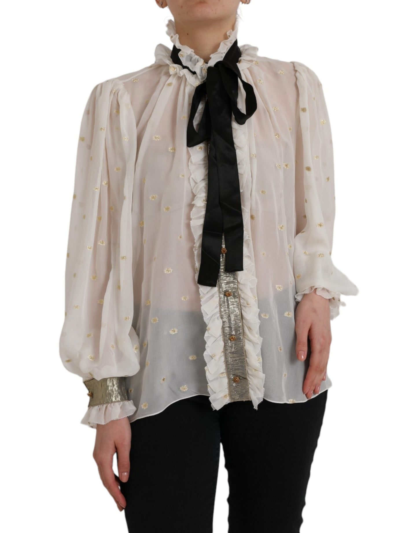 Dolce &amp; Gabbana Off White Silk Blend Ascot Collar Blouse Top