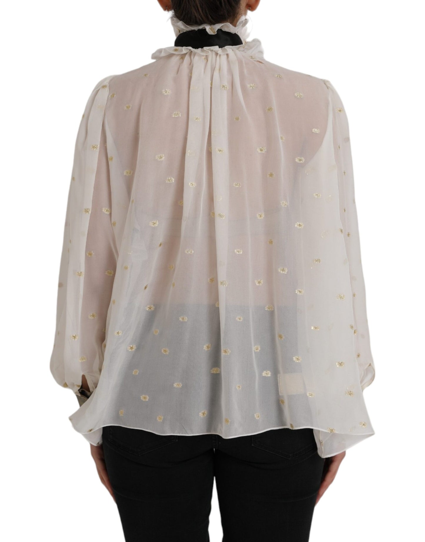 Dolce & Gabbana Off White Silk Blend Ascot Collar Blouse Top