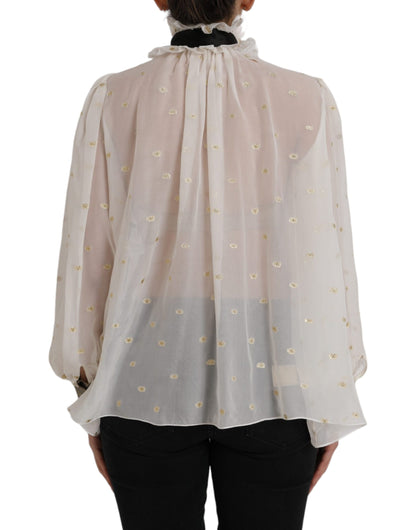 Dolce &amp; Gabbana Off White Silk Blend Ascot Collar Blouse Top