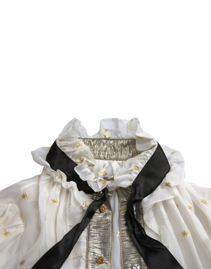 Dolce &amp; Gabbana Off White Silk Blend Ascot Collar Blouse Top