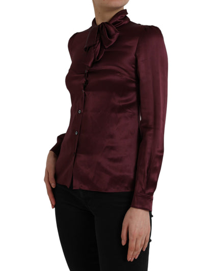 Dolce &amp; Gabbana Maroon Ascot Collar Long Sleeve Top Blouse