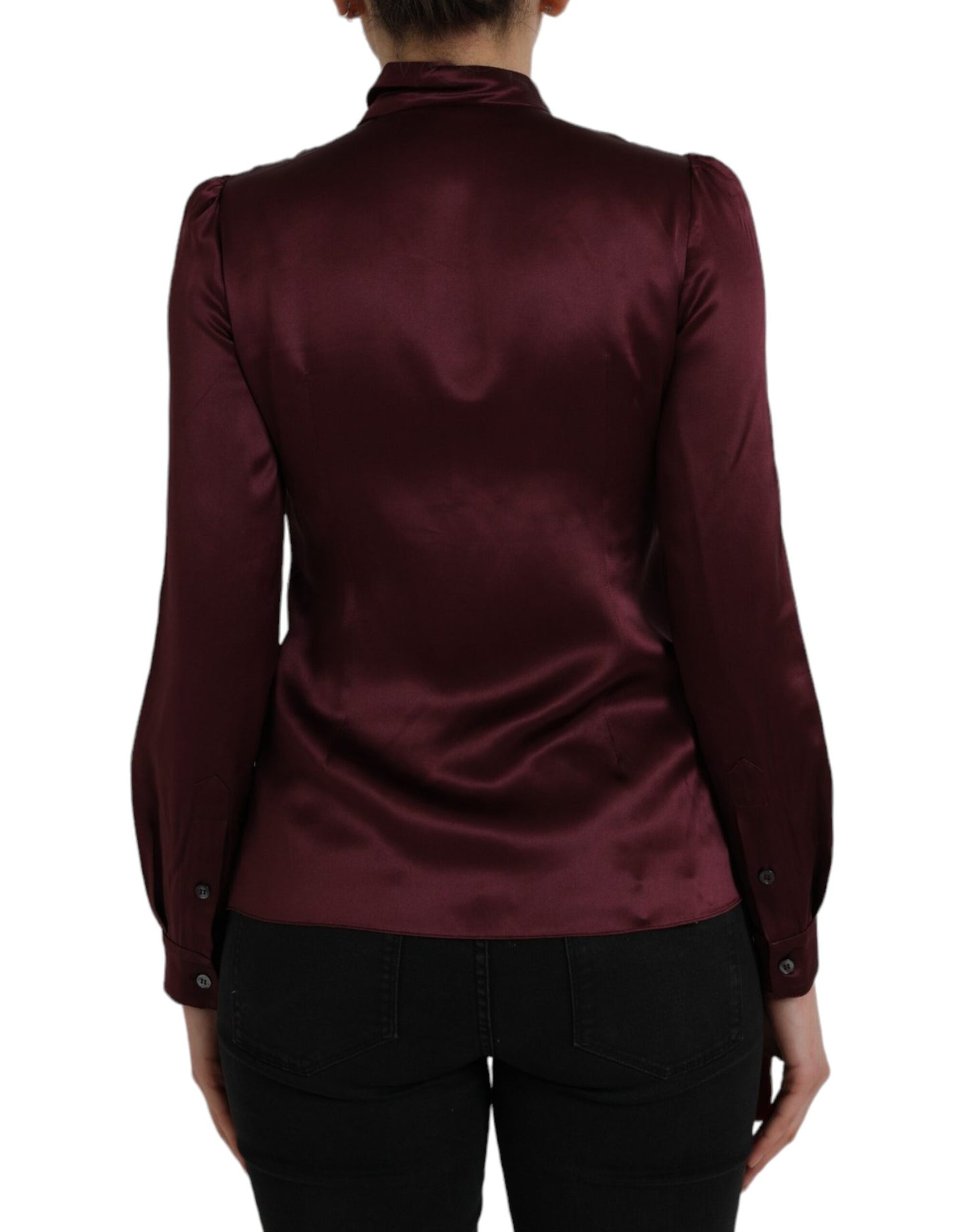 Dolce &amp; Gabbana Maroon Ascot Collar Long Sleeve Top Blouse